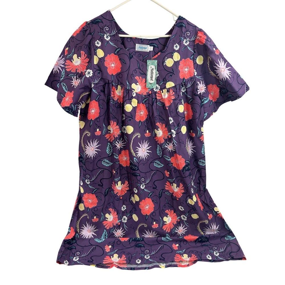 National Floral Muumuu Dress Large Purple Cotton Short Sleeve Lounger Women